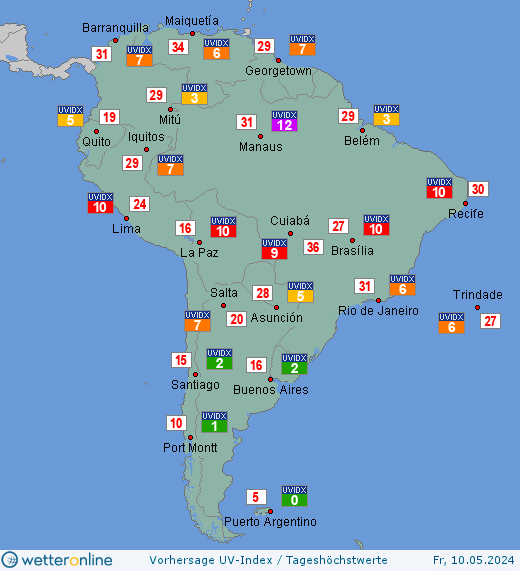 Südamerika: UV-Index-Vorhersage für Freitag, den 29.03.2024