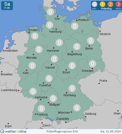 Deutschland: Pollenflugvorhersage Erle für Dienstag, den 16.04.2024