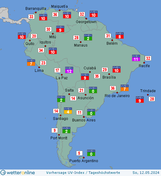 Südamerika: UV-Index-Vorhersage für Donnerstag, den 18.04.2024