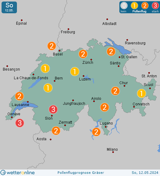 Schweiz: Pollenflugvorhersage Gräser für Freitag, den 19.04.2024