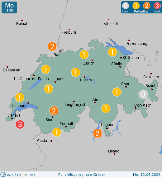 Schweiz: Pollenflugvorhersage Gräser für Dienstag, den 23.04.2024