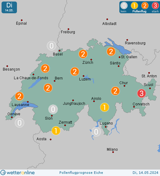 Schweiz: Pollenflugvorhersage Eiche für Mittwoch, den 24.04.2024