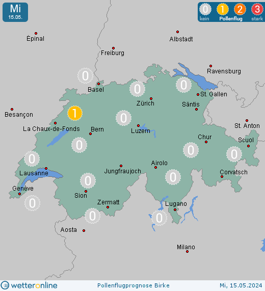 Schweiz: Pollenflugvorhersage Birke für Donnerstag, den 25.04.2024