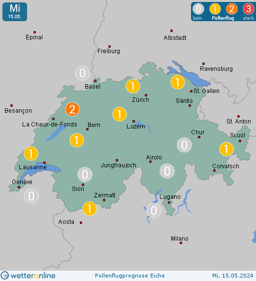 Schweiz: Pollenflugvorhersage Eiche für Donnerstag, den 25.04.2024