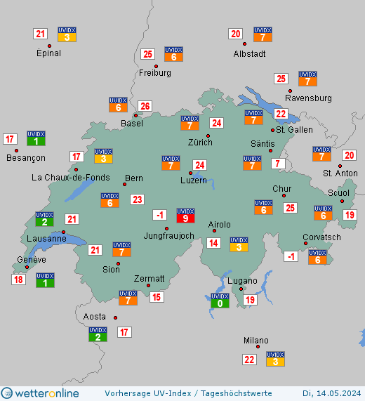 Schweiz: UV-Index-Vorhersage für Donnerstag, den 25.04.2024
