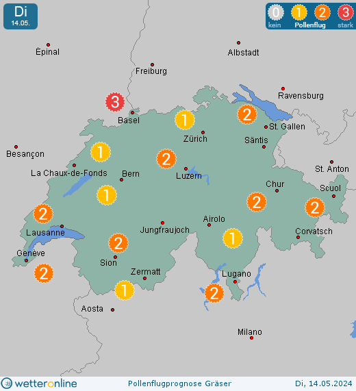 Schweiz: Pollenflugvorhersage Gräser für Freitag, den 26.04.2024