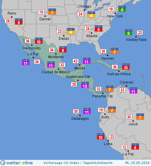 Mittelamerika: UV-Index-Vorhersage für Freitag, den 26.04.2024