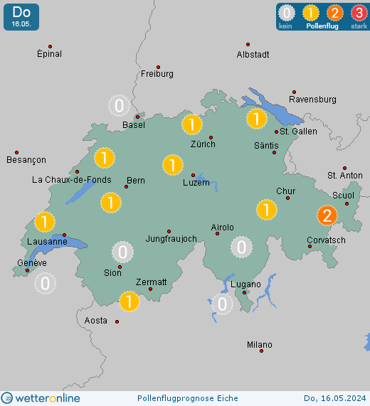Zürich: Pollenflugvorhersage Eiche für Samstag, den 27.04.2024