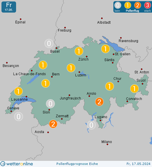 Genf: Pollenflugvorhersage Eiche für Samstag, den 27.04.2024