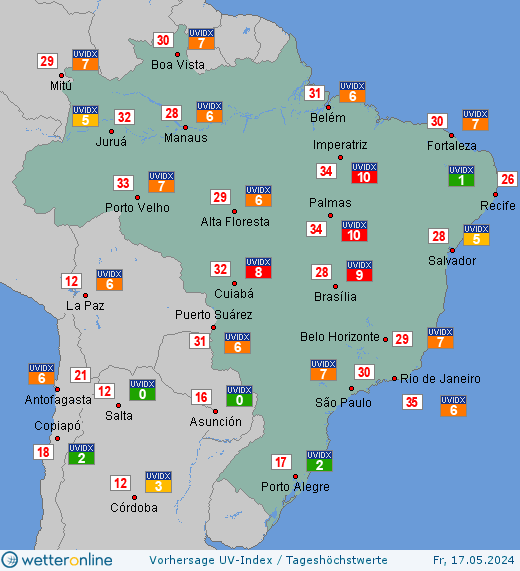 Brasilien: UV-Index-Vorhersage für Samstag, den 27.04.2024