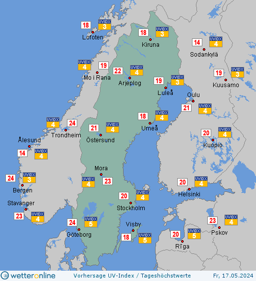 Schweden: UV-Index-Vorhersage für Samstag, den 27.04.2024
