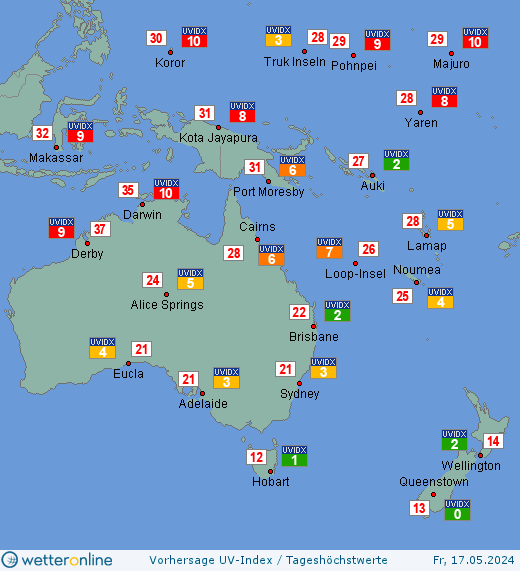 Ozeanien: UV-Index-Vorhersage für Samstag, den 27.04.2024