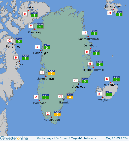 Grönland: UV-Index-Vorhersage für Sonntag, den 28.04.2024