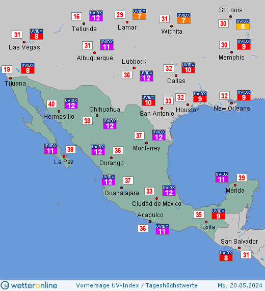 Mexiko: UV-Index-Vorhersage für Sonntag, den 28.04.2024