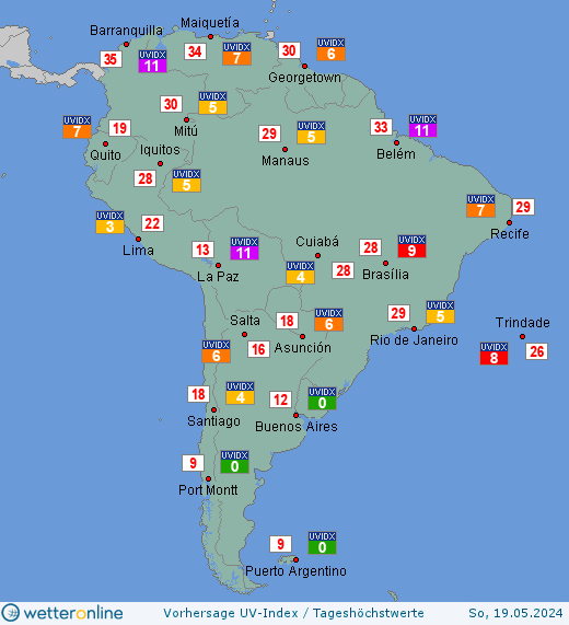 Südamerika: UV-Index-Vorhersage für Sonntag, den 28.04.2024