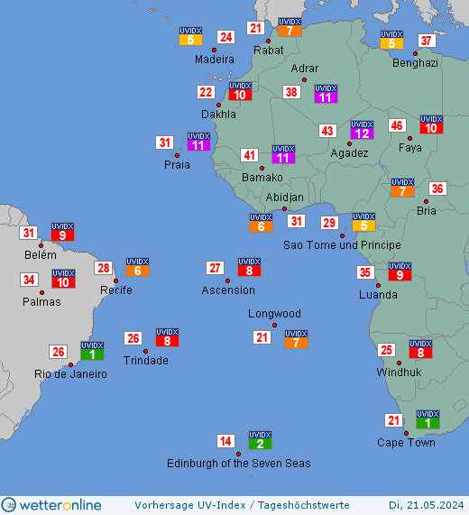 Atlantik: UV-Index-Vorhersage für Montag, den 29.04.2024