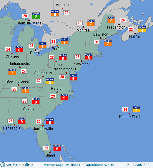 US-Ostküste: UV-Index-Vorhersage für Montag, den 29.04.2024