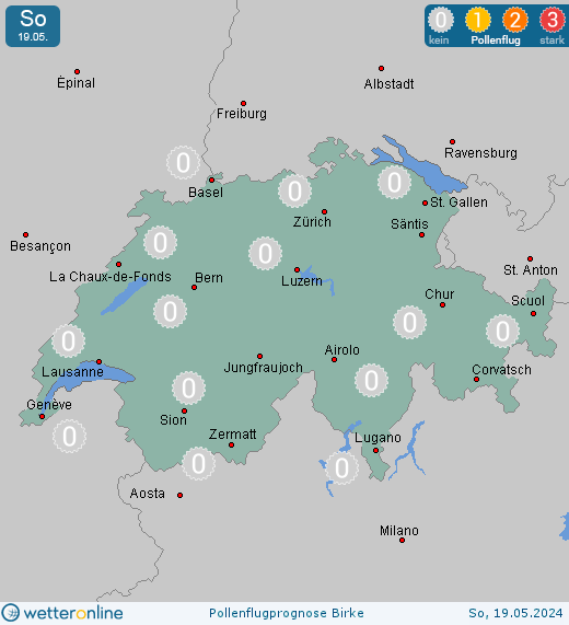 Schweiz: Pollenflugvorhersage Birke für Montag, den 29.04.2024