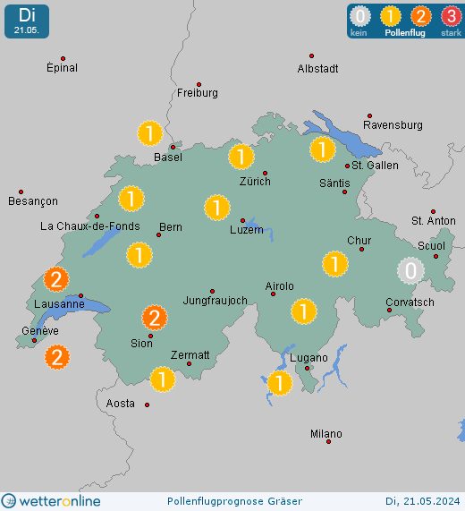 Lausanne: Pollenflugvorhersage Gräser für Montag, den 29.04.2024