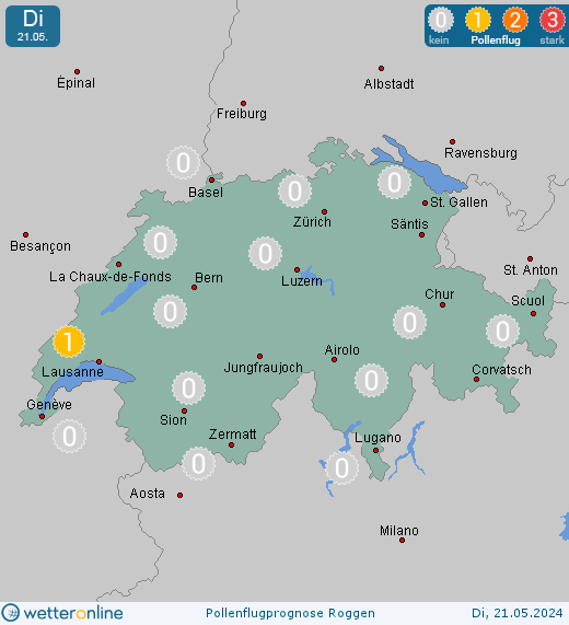 Lausanne: Pollenflugvorhersage Roggen für Montag, den 29.04.2024