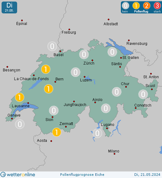 Saas-Fee (in 1800m): Pollenflugvorhersage Eiche für Montag, den 29.04.2024