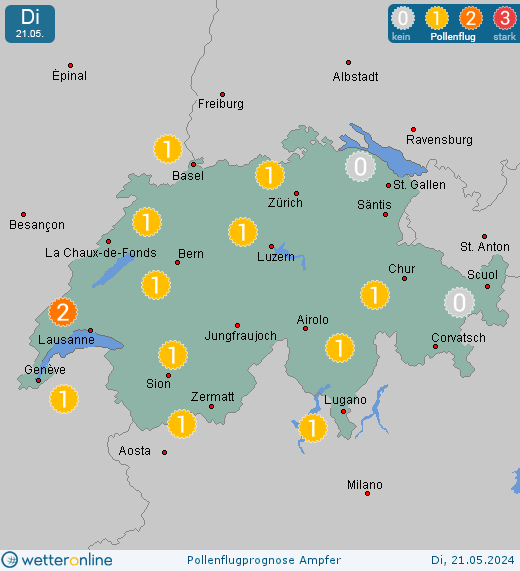 Saas-Fee (in 1800m): Pollenflugvorhersage Ampfer für Montag, den 29.04.2024