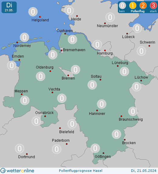 Wolfsburg: Pollenflugvorhersage Hasel für Montag, den 29.04.2024