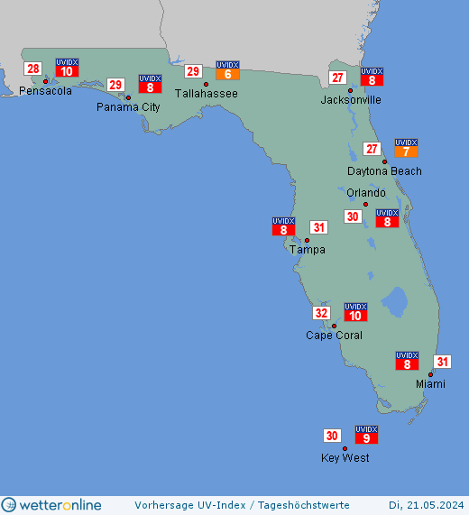 Florida: UV-Index-Vorhersage für Montag, den 29.04.2024