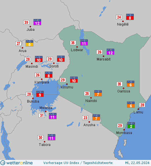 Kenia: UV-Index-Vorhersage für Montag, den 29.04.2024