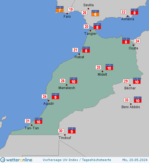 Marokko: UV-Index-Vorhersage für Montag, den 29.04.2024