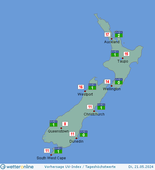 Neuseeland: UV-Index-Vorhersage für Montag, den 29.04.2024