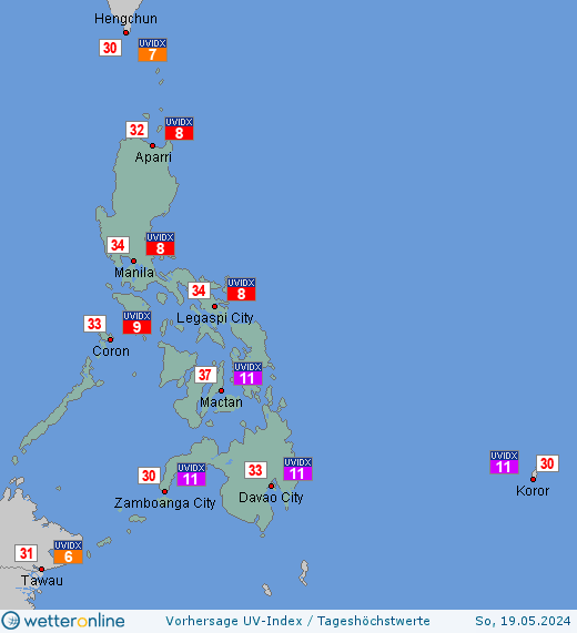 Philippinen: UV-Index-Vorhersage für Montag, den 29.04.2024