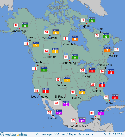 Nordamerika: UV-Index-Vorhersage für Montag, den 29.04.2024