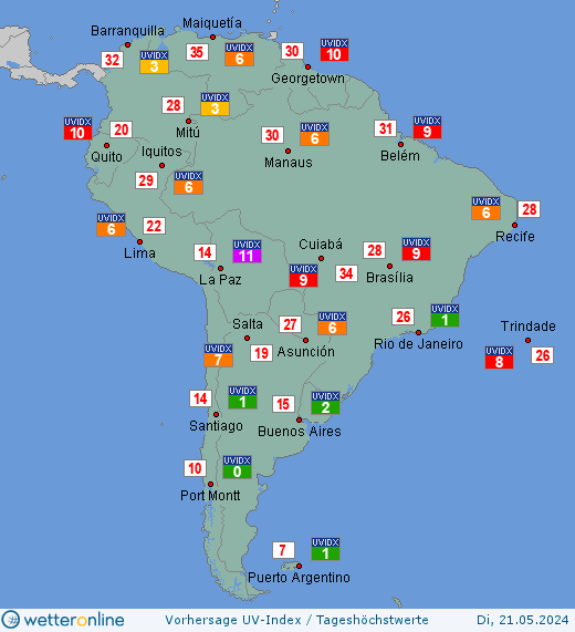 Südamerika: UV-Index-Vorhersage für Montag, den 29.04.2024