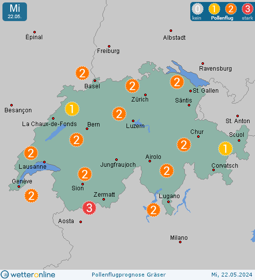 Schweiz: Pollenflugvorhersage Gräser für Dienstag, den 30.04.2024
