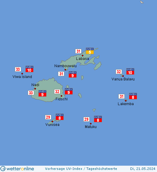 Fidschi-Inseln: UV-Index-Vorhersage für Dienstag, den 30.04.2024