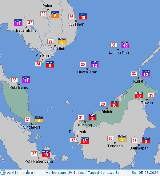 Malaysia: UV-Index-Vorhersage für Mittwoch, den 19.01.2022