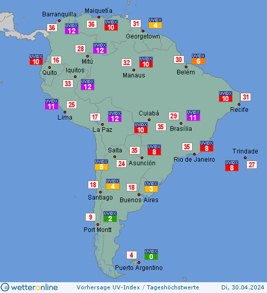 Südamerika: UV-Index-Vorhersage für Mittwoch, den 26.01.2022
