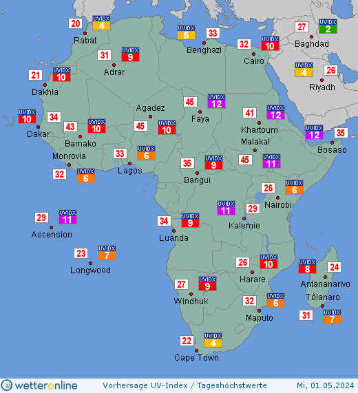 Afrika: UV-Index-Vorhersage für Mittwoch, den 29.06.2022