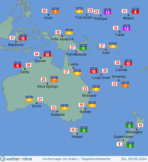 Ozeanien: UV-Index-Vorhersage für Mittwoch, den 29.06.2022