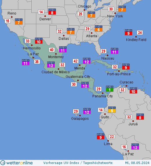 Mittelamerika: UV-Index-Vorhersage für Mittwoch, den 29.06.2022