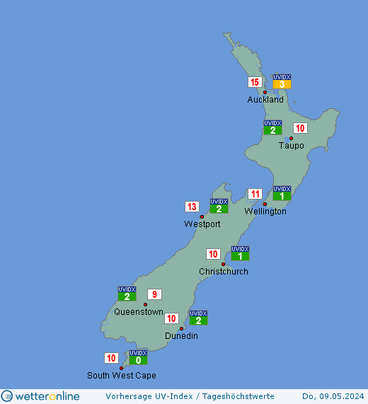 Neuseeland: UV-Index-Vorhersage für Donnerstag, den 30.06.2022