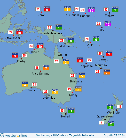 Ozeanien: UV-Index-Vorhersage für Donnerstag, den 18.08.2022