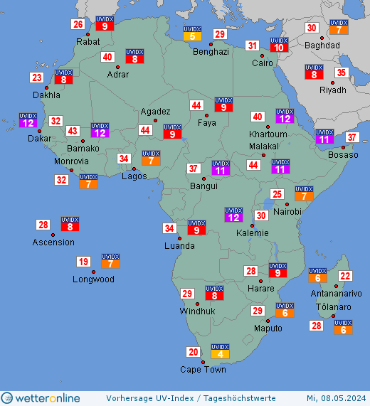 Afrika: UV-Index-Vorhersage für Freitag, den 19.08.2022