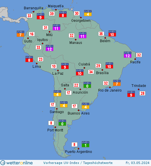 Südamerika: UV-Index-Vorhersage für Samstag, den 02.12.2023