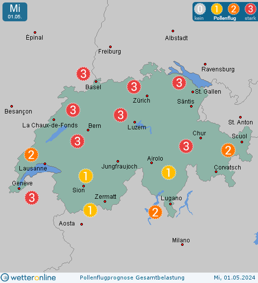 Schweiz: Pollenflugvorhersage Gesamtbelastung für Freitag, den 23.02.2024