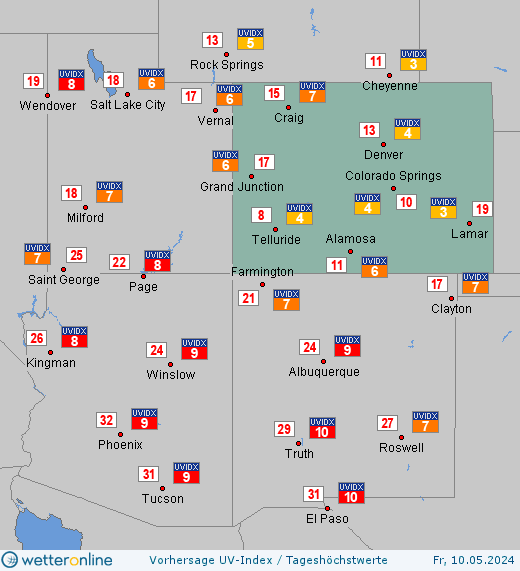 Colorado: UV-Index-Vorhersage für Donnerstag, den 28.03.2024