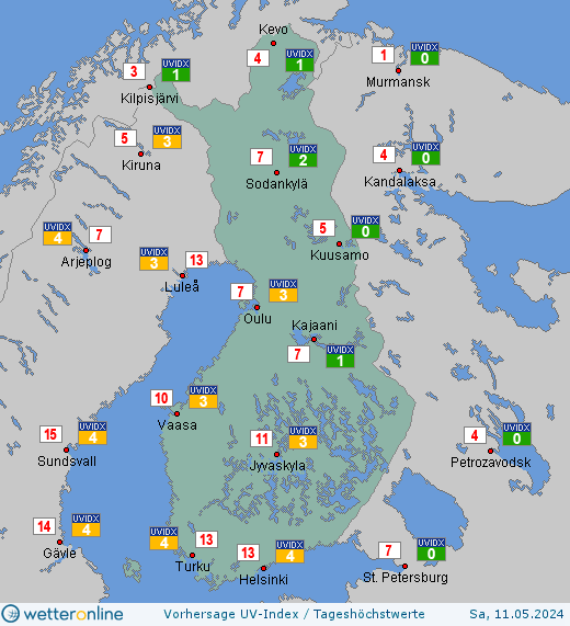 Finnland: UV-Index-Vorhersage für Donnerstag, den 28.03.2024