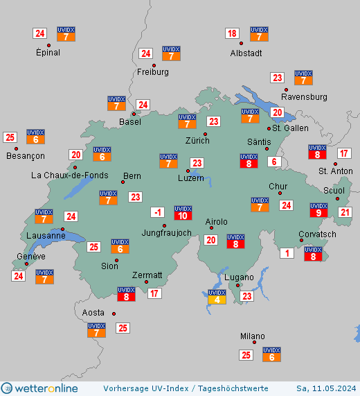 Schweiz: UV-Index-Vorhersage für Donnerstag, den 28.03.2024