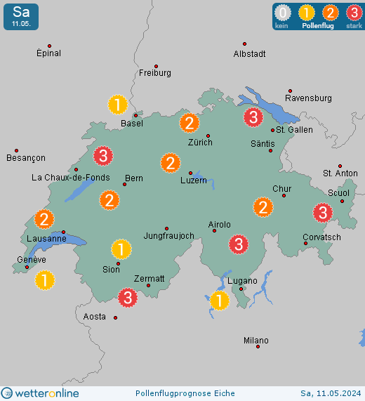 Schweiz: Pollenflugvorhersage Eiche für Donnerstag, den 28.03.2024